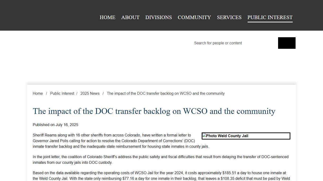 The impact of the DOC transfer backlog on WCSO and the community Weld Sheriff