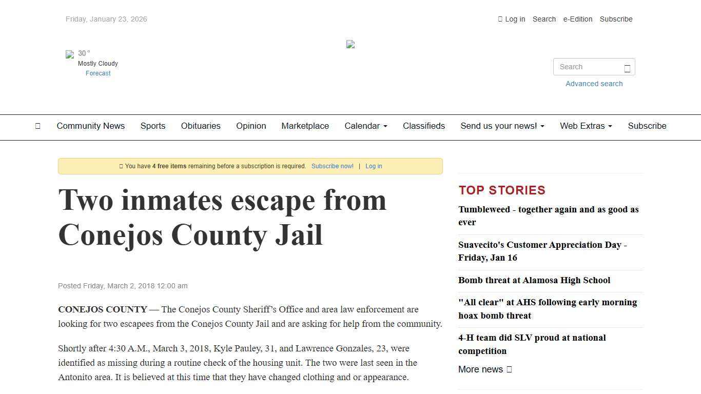 Two inmates escape from Conejos County Jail - The Alamosa News